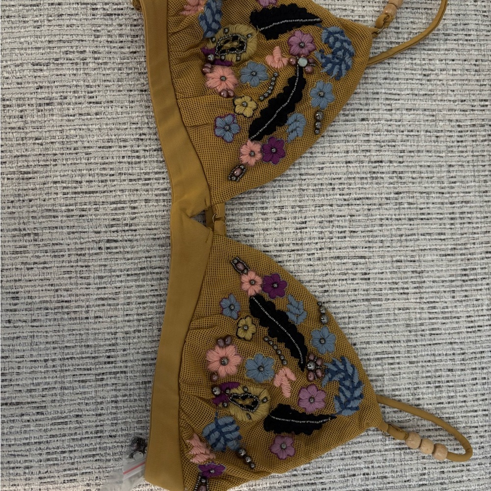 Free People Mustard Embroidered Floral Bikini Top